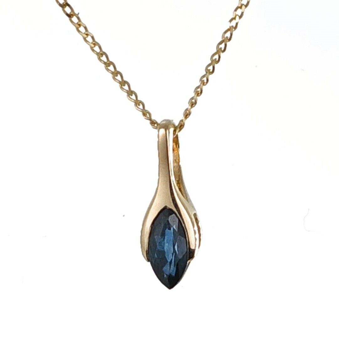9ct Blue Sapphire Pendant Yellow Gold Minimalist Marquise UK Design