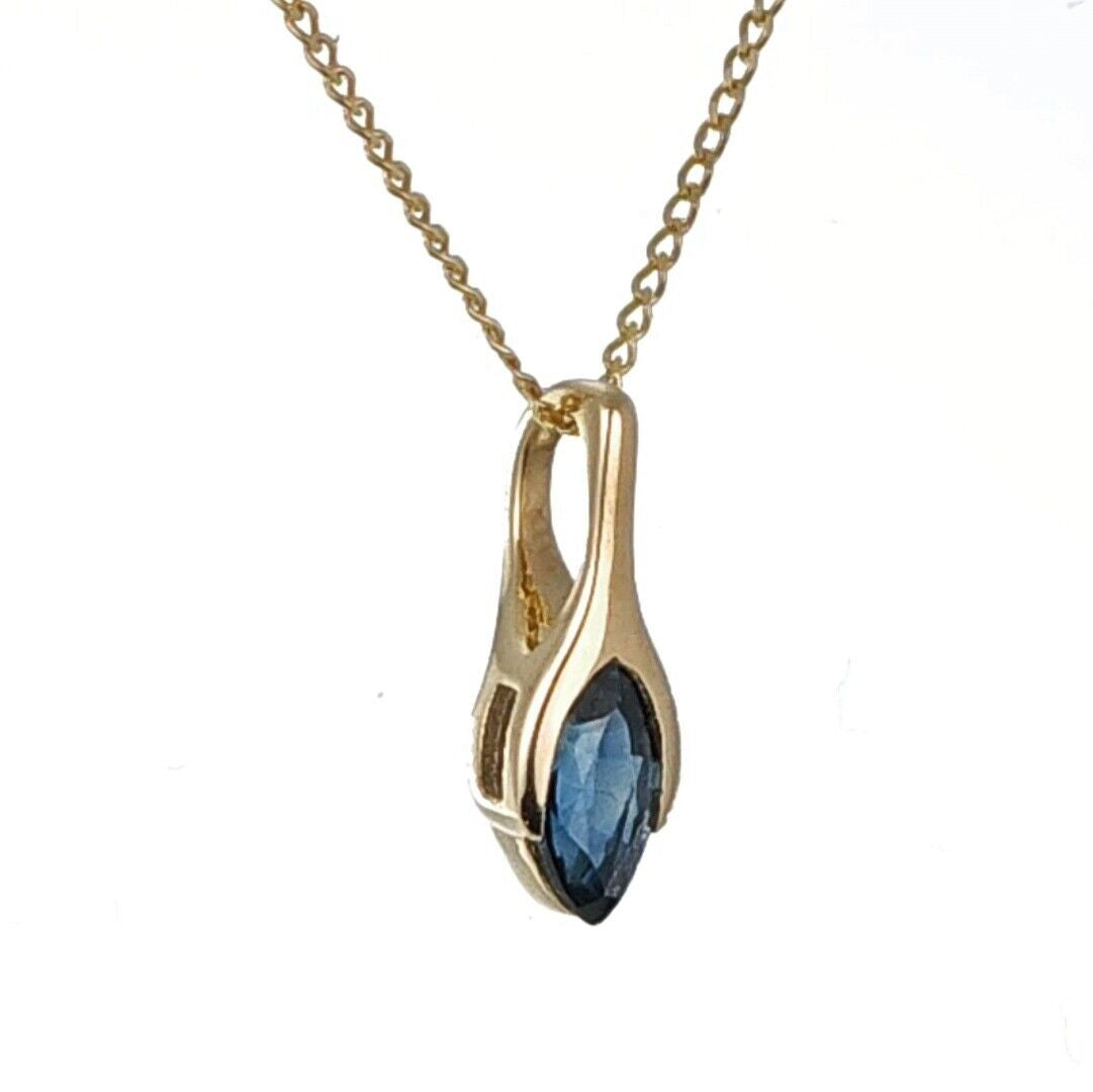 9ct Blue Sapphire Pendant Yellow Gold Minimalist Marquise UK Design