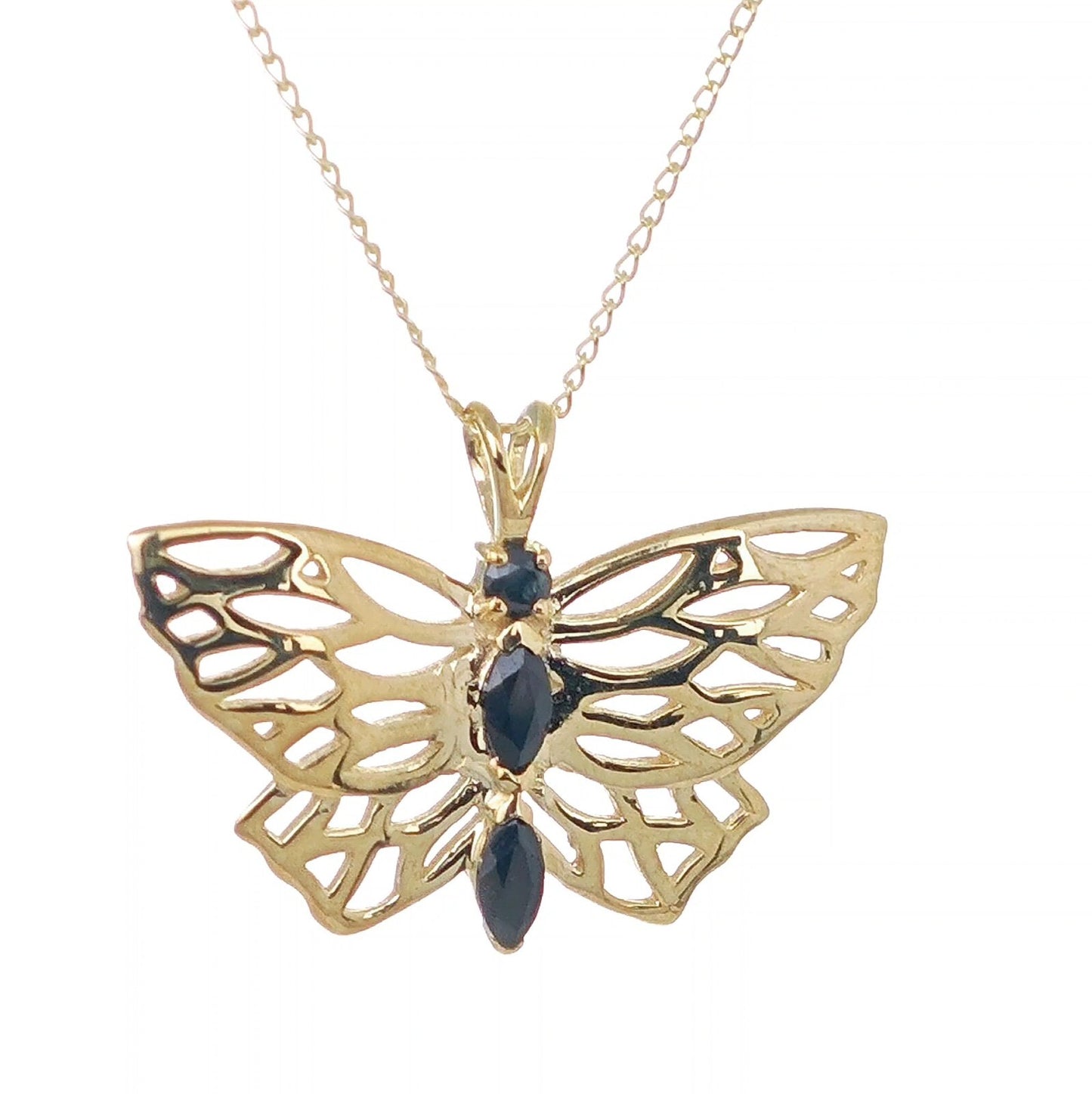 9ct Gold Butterfly Necklace with Marquise Sapphires Hallmarked
