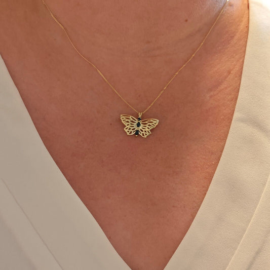 9ct Gold Butterfly Necklace with Marquise Sapphires Hallmarked
