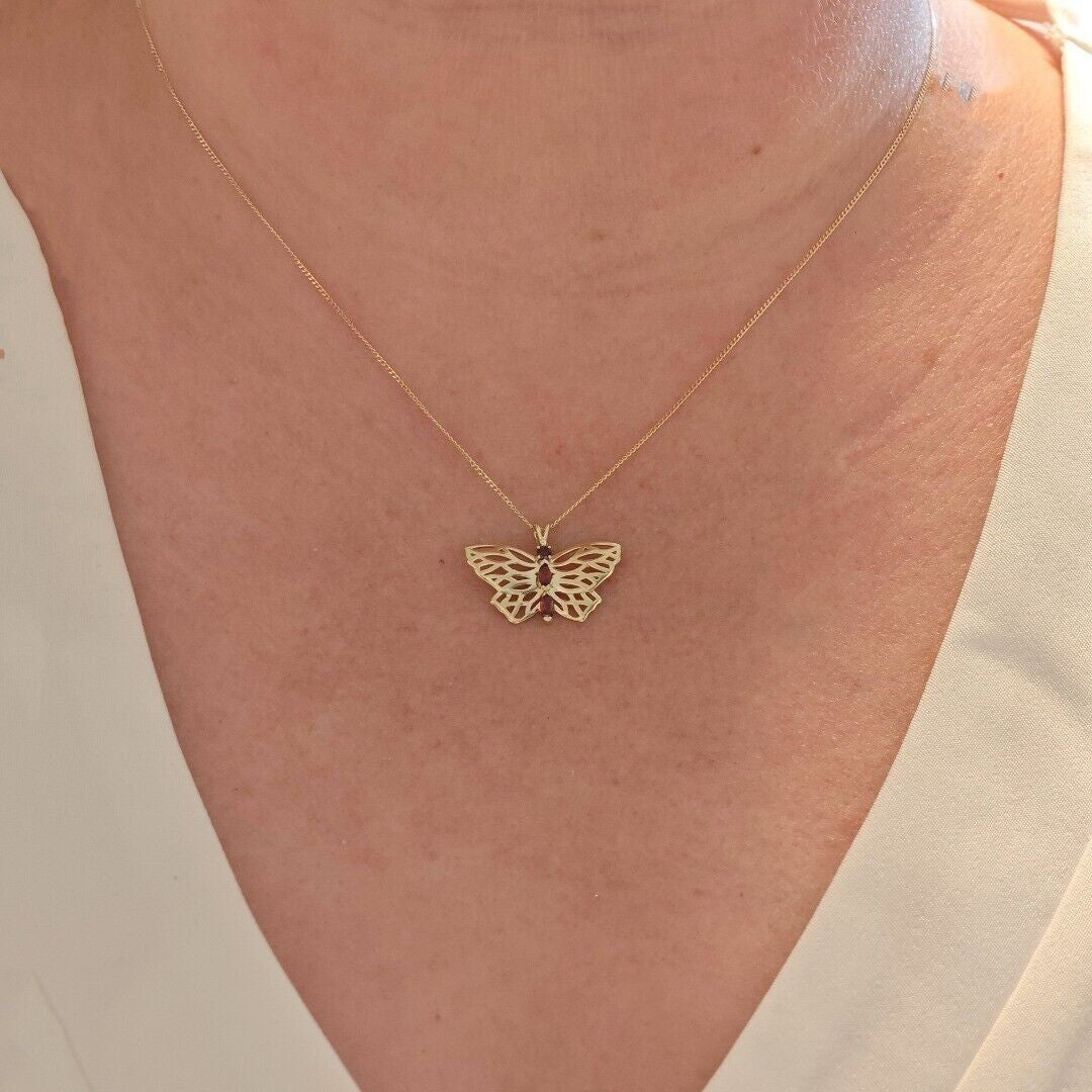 9ct Gold Garnet Butterfly Necklace Red Hallmarked UK Design Handmade