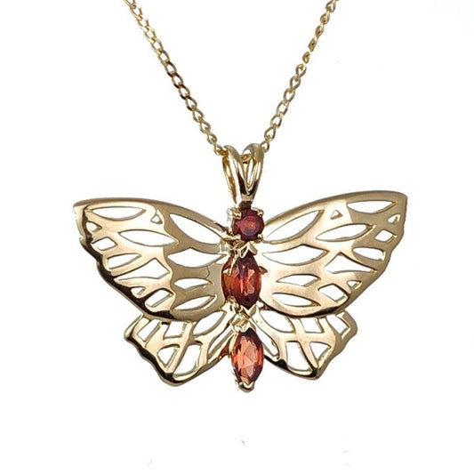 9ct Gold Garnet Butterfly Necklace Red Hallmarked UK Design Handmade