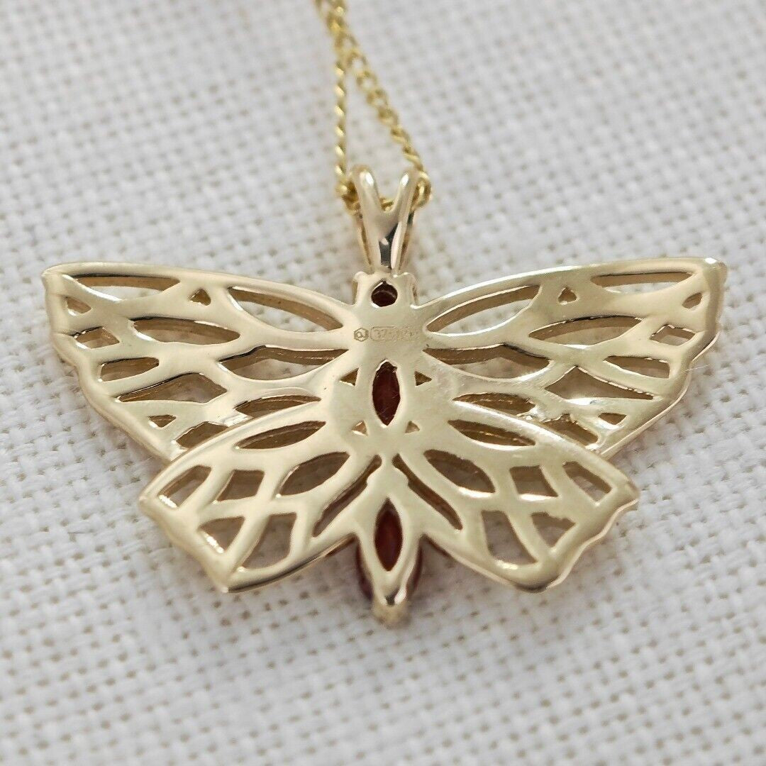 9ct Gold Garnet Butterfly Necklace Red Hallmarked UK Design Handmade