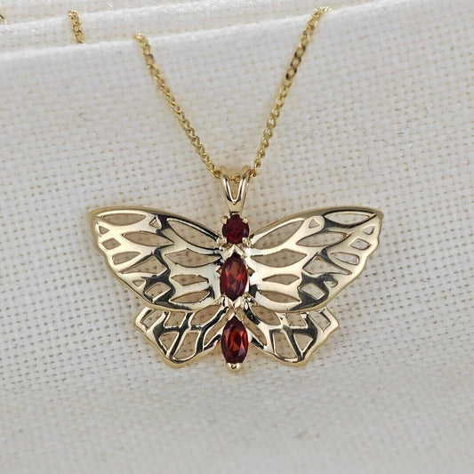 9ct Gold Garnet Butterfly Necklace Red Hallmarked UK Design Handmade