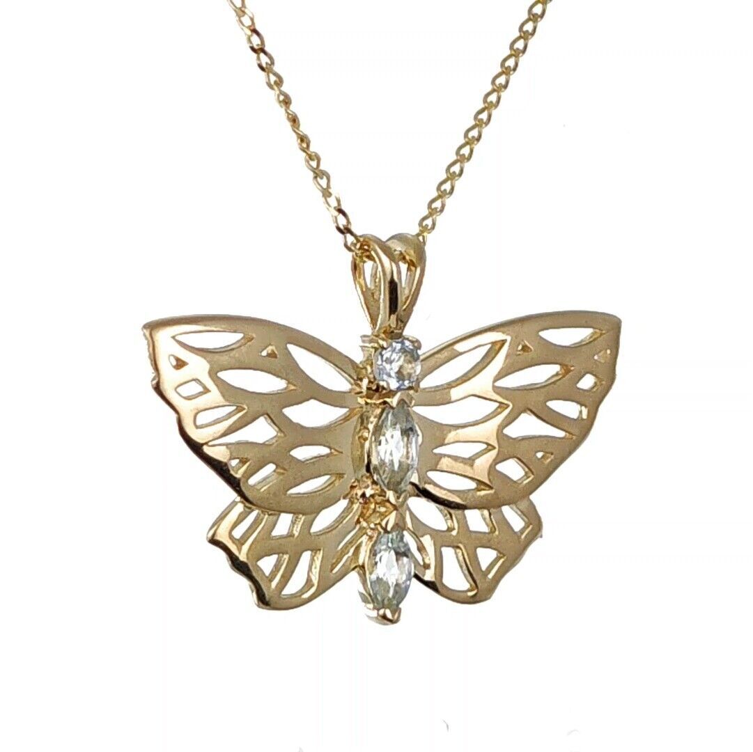 9ct Aquamarine Butterfly Necklace Gold Hallmarked UK Design Handmade