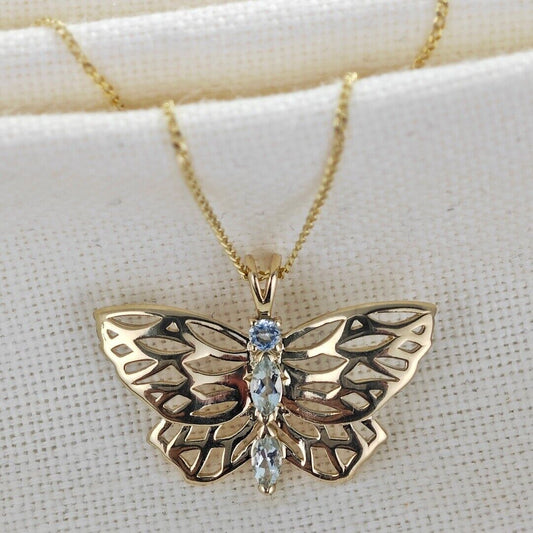 9ct Aquamarine Butterfly Necklace Gold Hallmarked UK Design Handmade