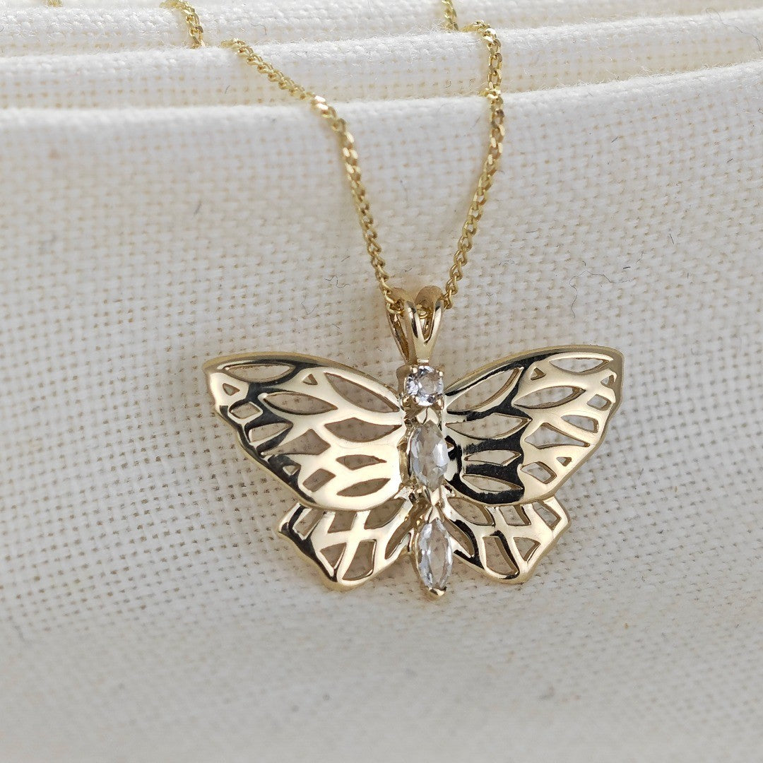 9ct Topaz Butterfly Necklace Yellow Gold Hallmarked Handmade Boxed UK Design