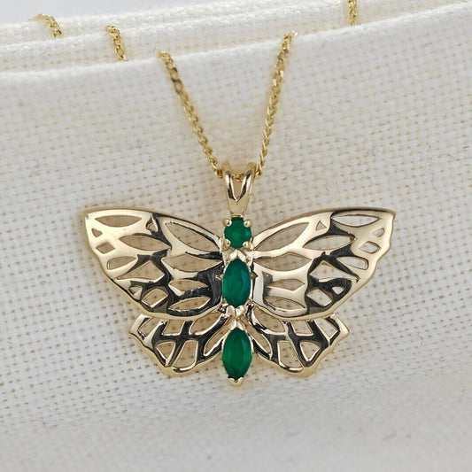 9ct Butterfly Necklace Green Onyx Yellow Gold Hallmarked