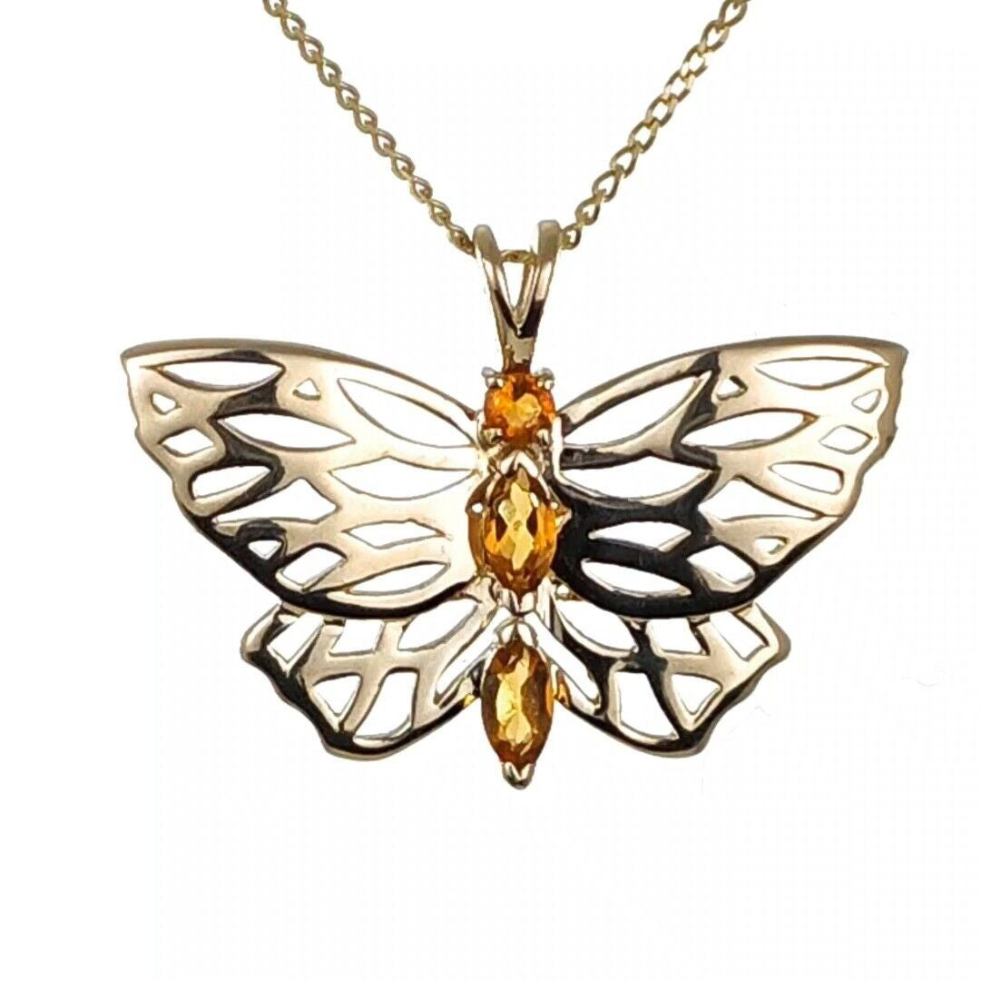 9ct citrine butterfly necklace yellow gold hallmarked uk design handmade designed in the UK