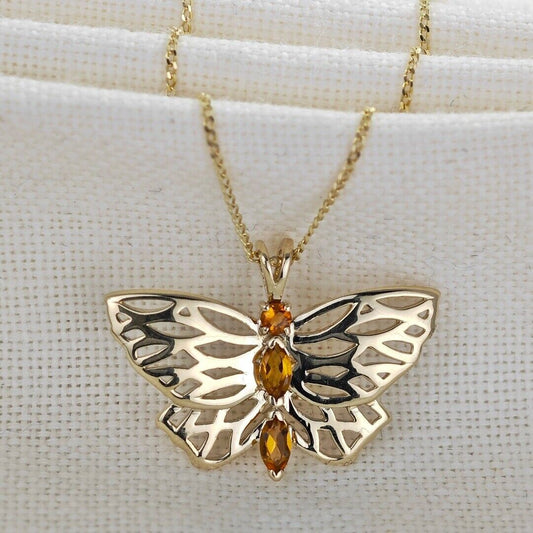 9ct Citrine Butterfly Necklace Yellow Gold Hallmarked UK Design Handmade