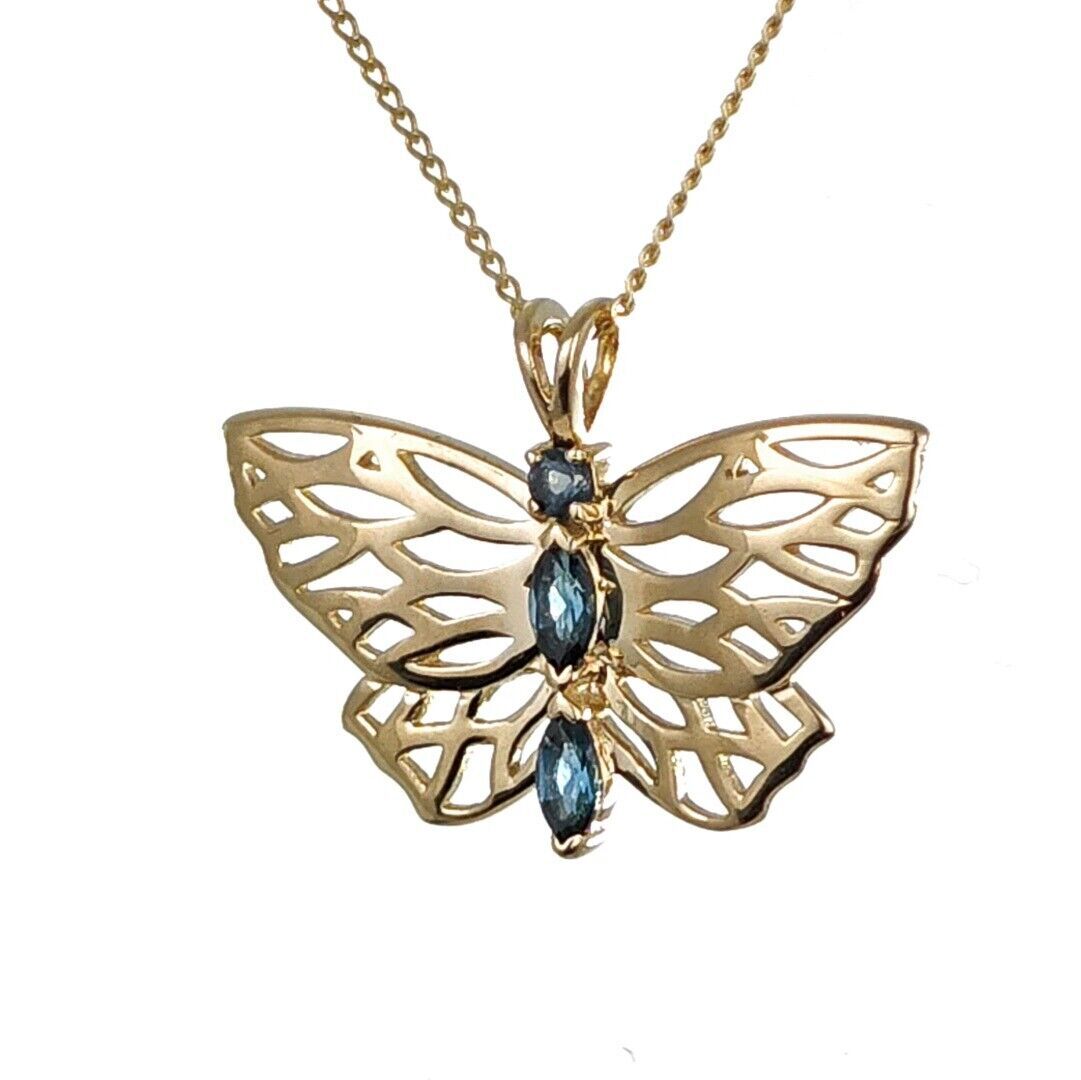 9ct Butterfly Necklace Yellow Gold London Blue Topaz Treated Hallmarked UK Design Handmade
