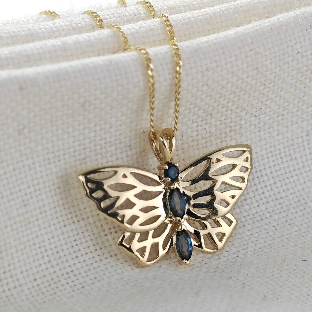 9ct Butterfly Necklace Yellow Gold London Blue Topaz Treated Hallmarked UK Design Handmade