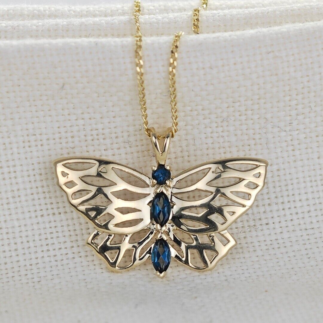9ct Butterfly Necklace Yellow Gold London Blue Topaz Treated Hallmarked UK Design Handmade