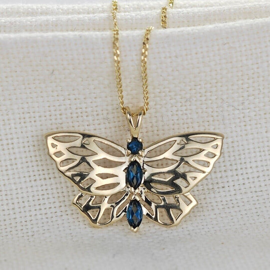 9ct Butterfly Necklace Yellow Gold London Blue Topaz Treated Hallmarked UK Design Handmade