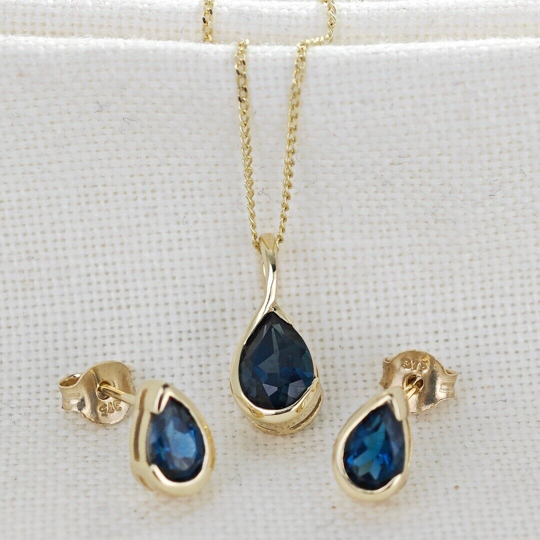 9ct Gold Set Necklace Earrings London Blue Treated Topaz Handmade