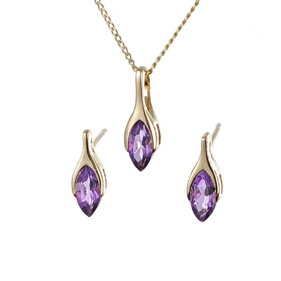 9ct gold set amethyst pendant earrings minimalist marquise designed in the UK