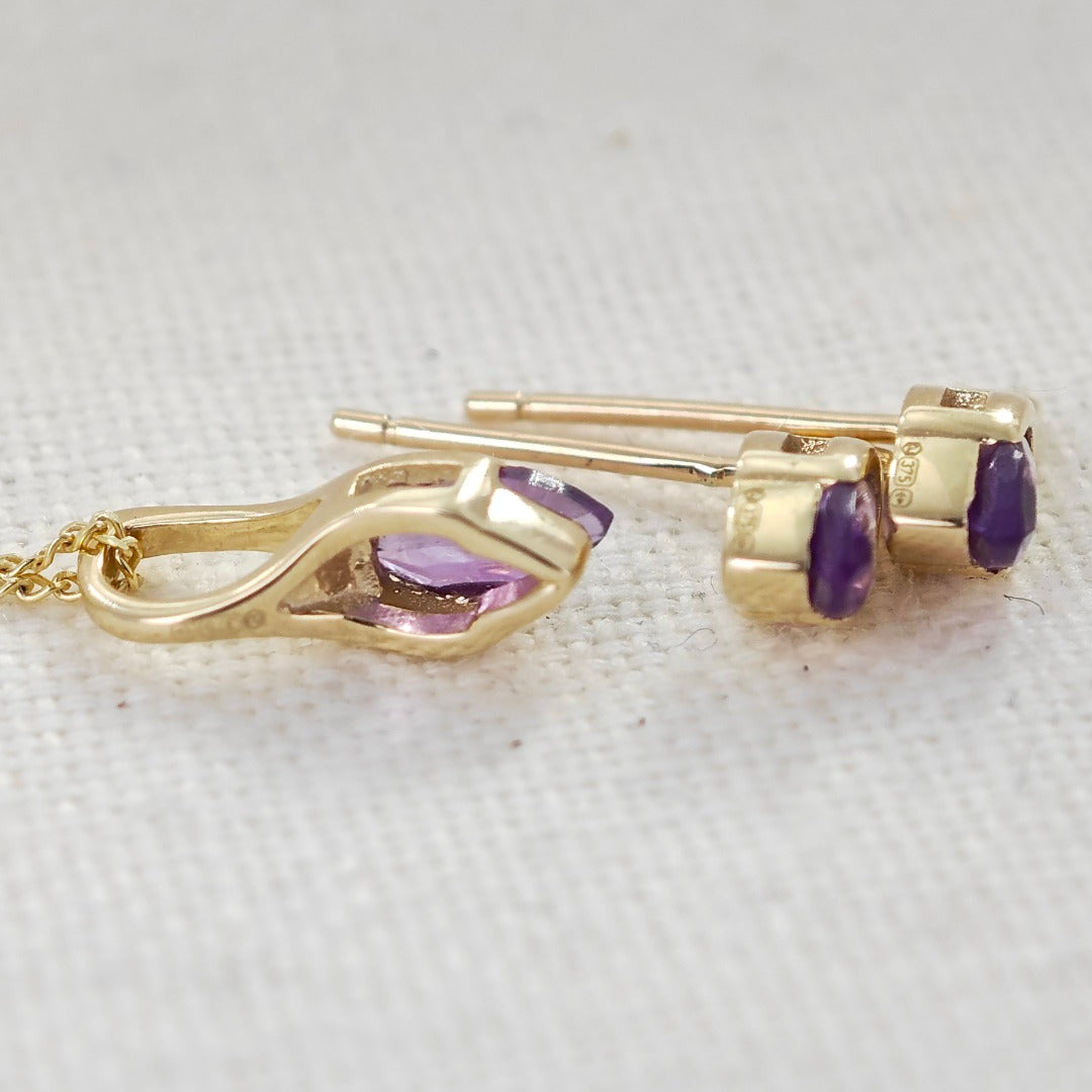 9ct Gold Set Amethyst Pendant Earrings Minimalist Marquise