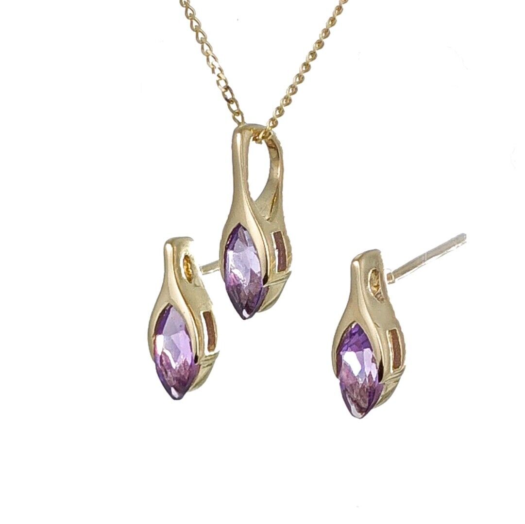 9ct Gold Set Amethyst Pendant Earrings Minimalist Marquise