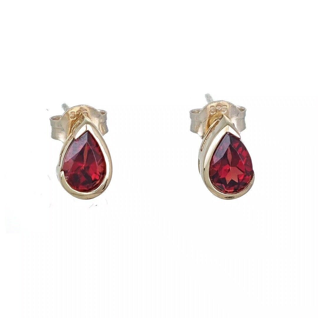 9ct Yellow Gold Garnet Earrings Red Natural Gemstone Studs
