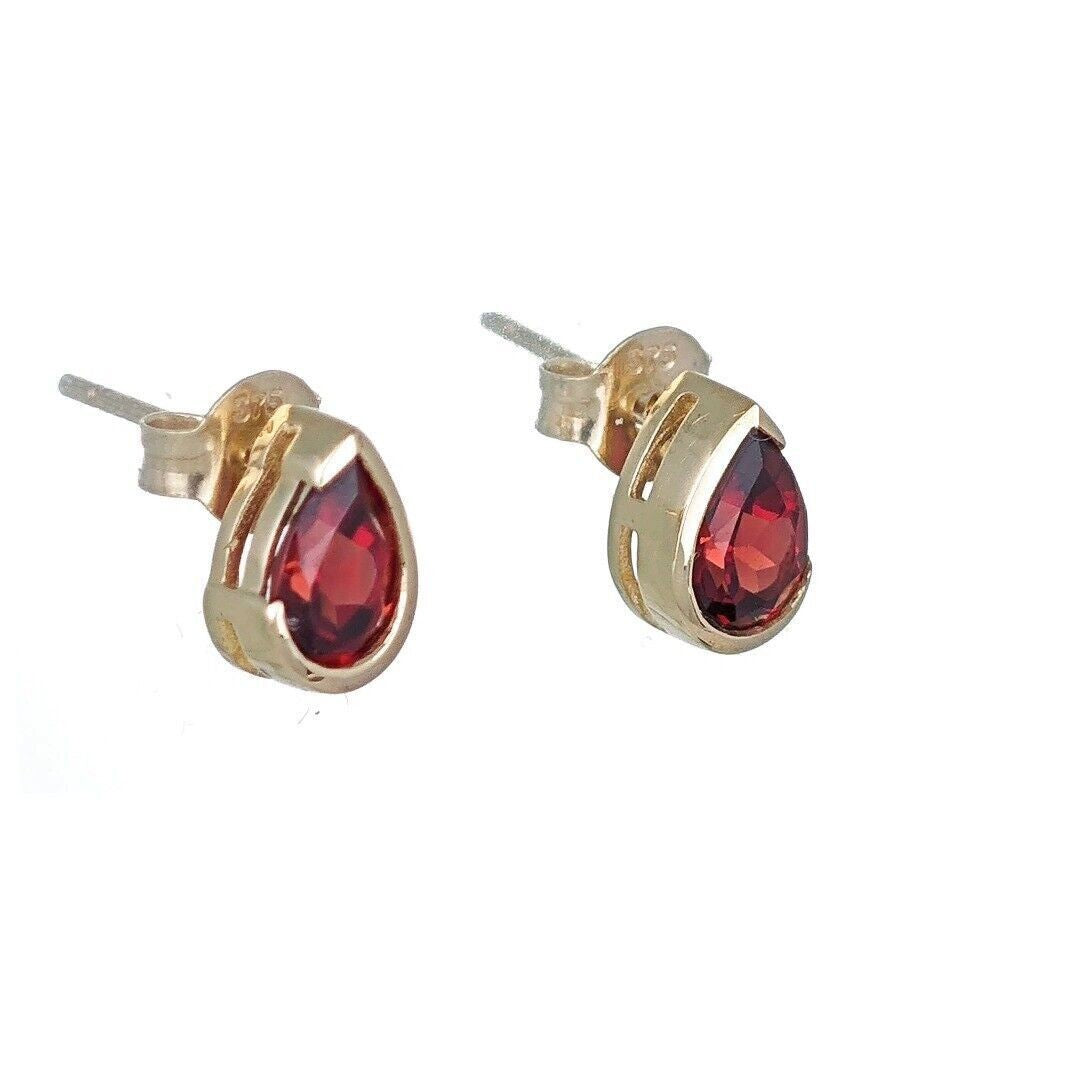 9ct Yellow Gold Garnet Earrings Red Natural Gemstone Studs