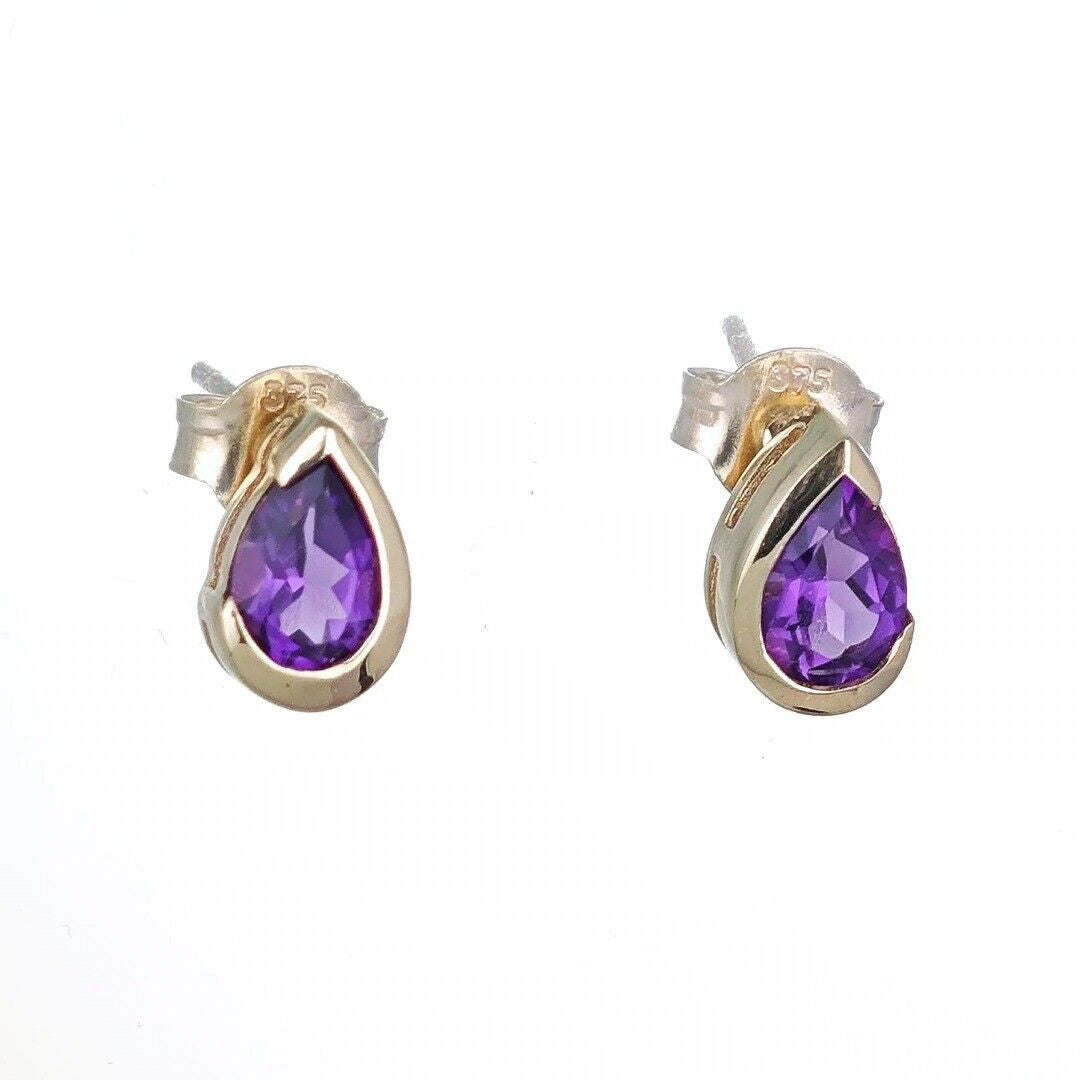 9ct Gold Amethyst Earrings Natural Purple Gemstone Studs