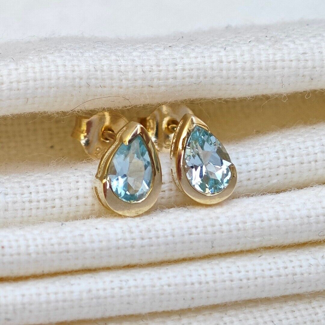 9ct Yellow Gold Blue Topaz Earrings Natural Treated Gemstone Studs Handmade