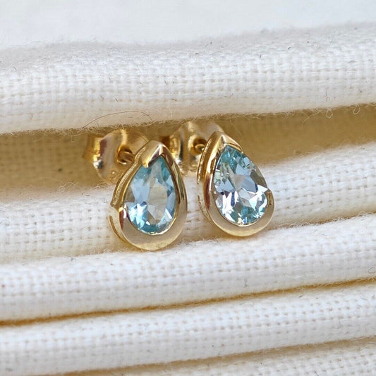 9ct Yellow Gold Blue Topaz Earrings Natural Treated Gemstone Studs Handmade