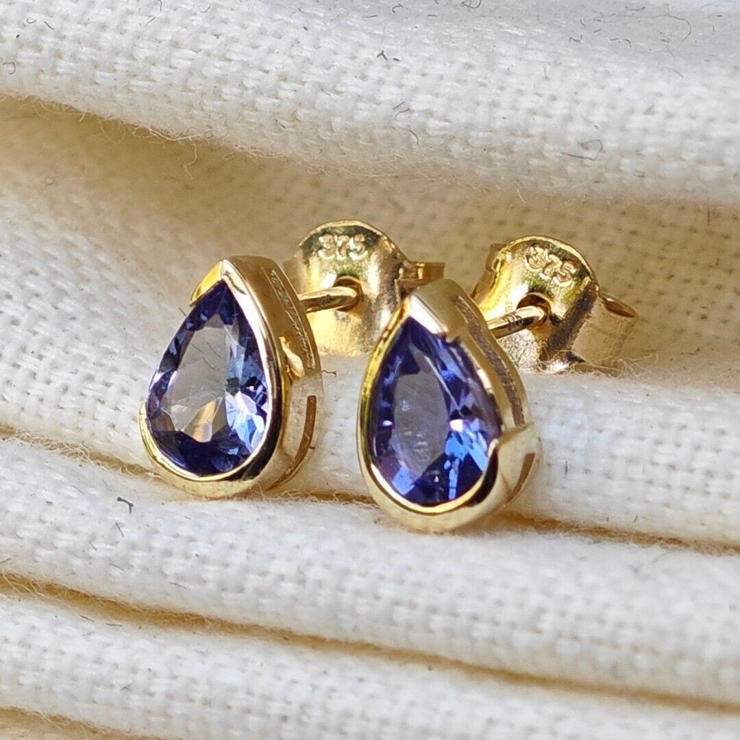 9ct Gold Tanzanite Earrings Natural Blue Gemstone Studs Handmade