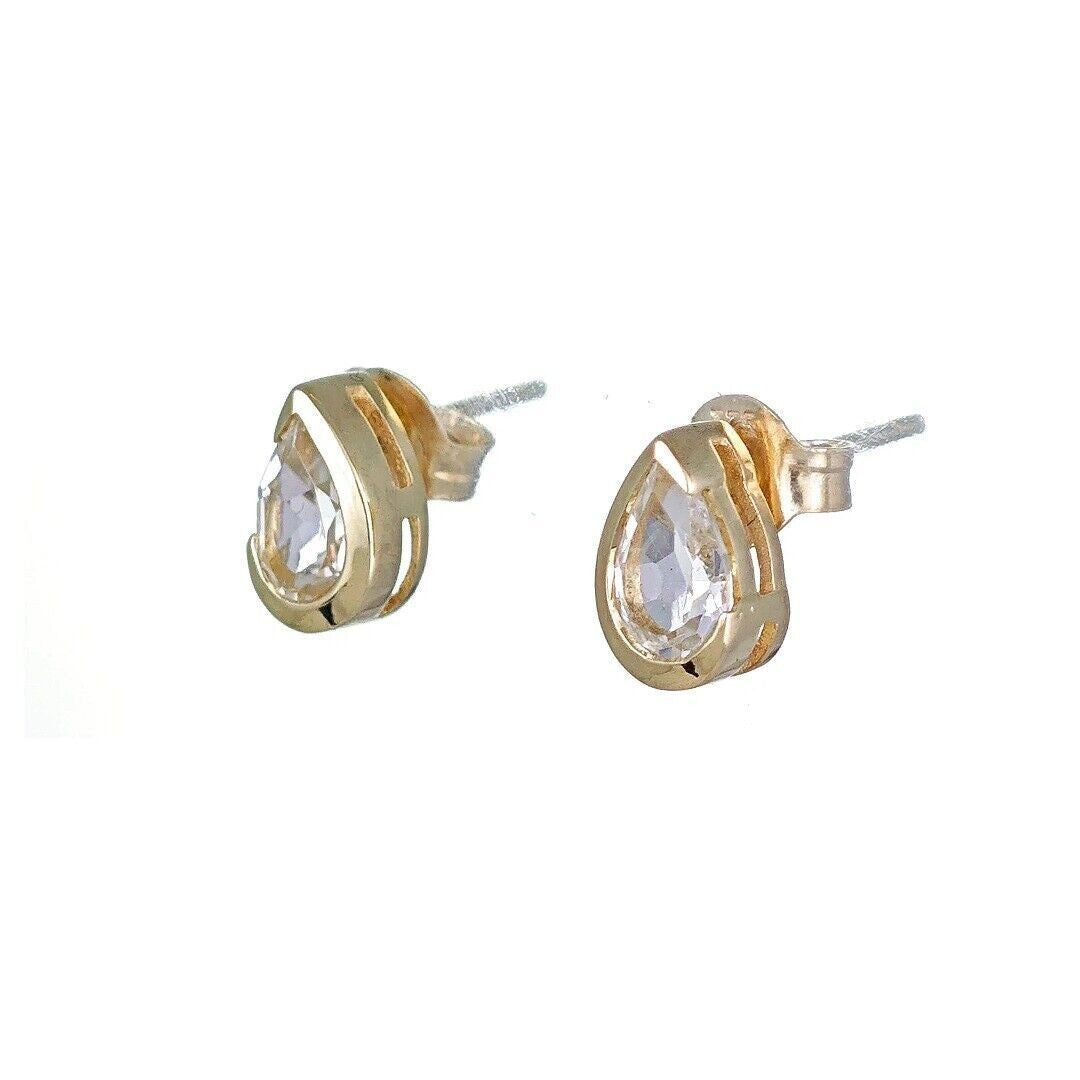 White Topaz Earrings 9ct Yellow Gold Studs Infinity Loop