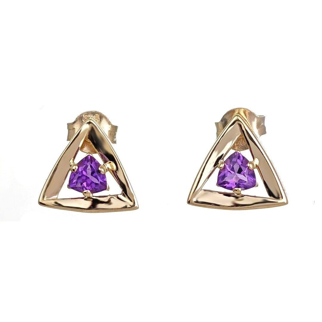 9ct yellow gold triangle amethyst earrings designed in the UK