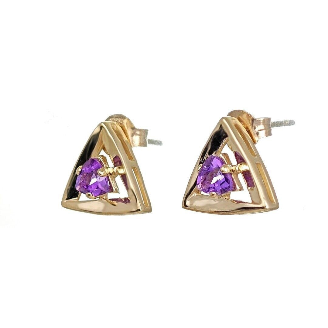 9ct Yellow Gold Triangle Amethyst Earrings