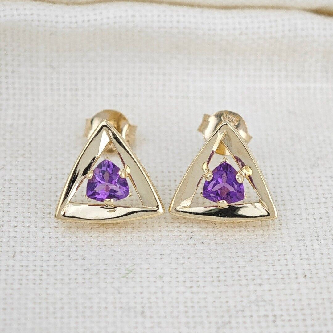 9ct Yellow Gold Triangle Amethyst Earrings