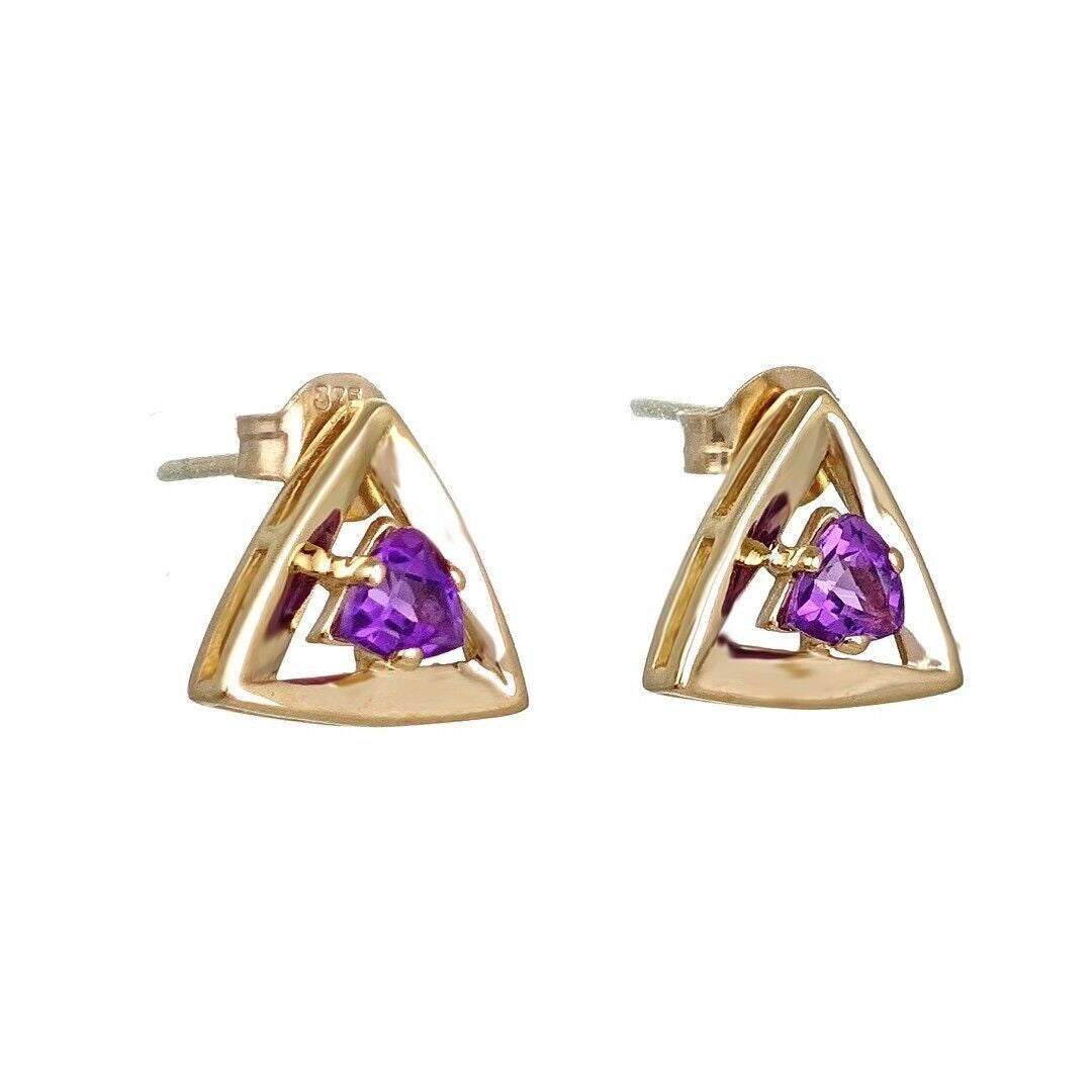 9ct Yellow Gold Triangle Amethyst Earrings