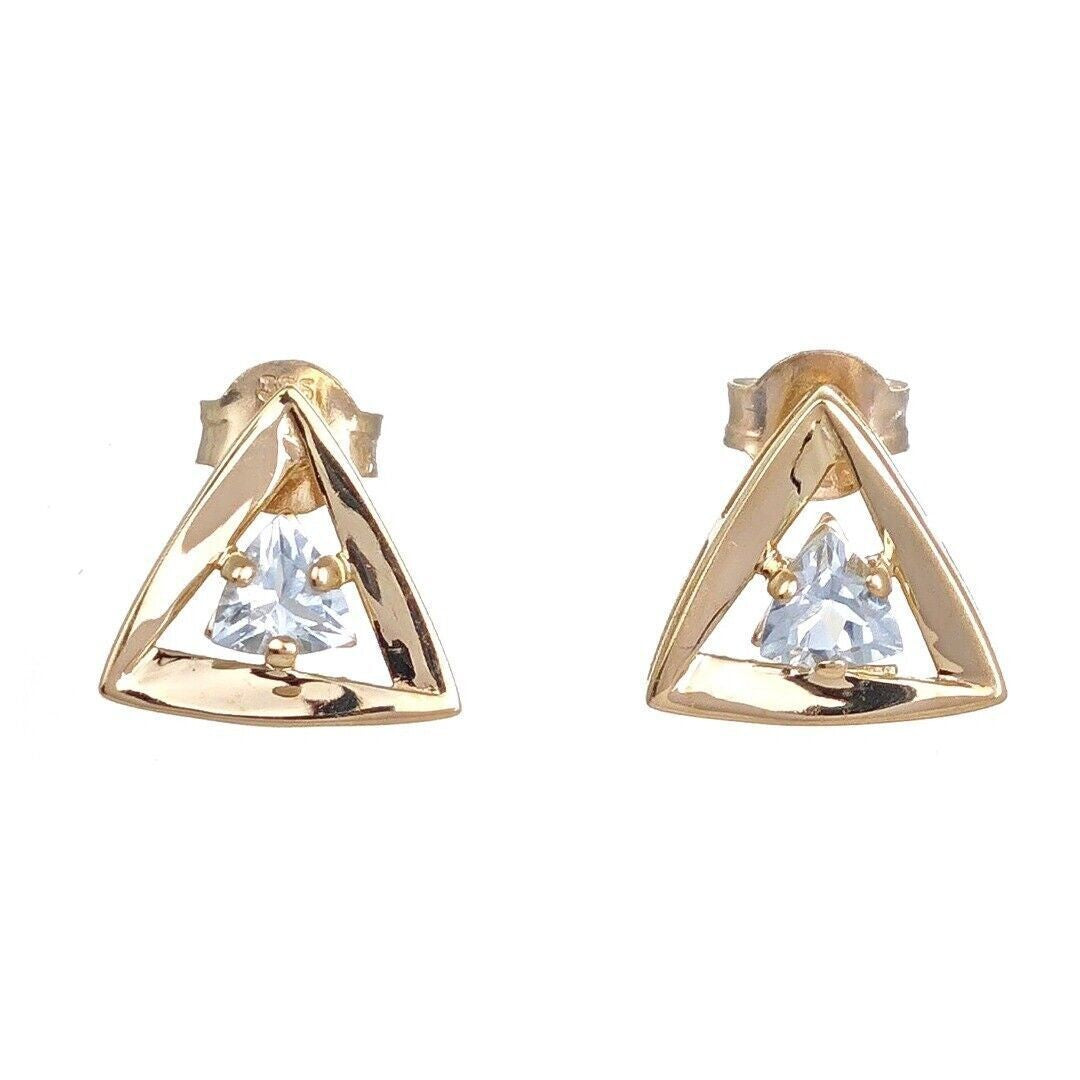 9ct Gold Aquamarine Earrings Natural Gemstone Blue Trillion Studs