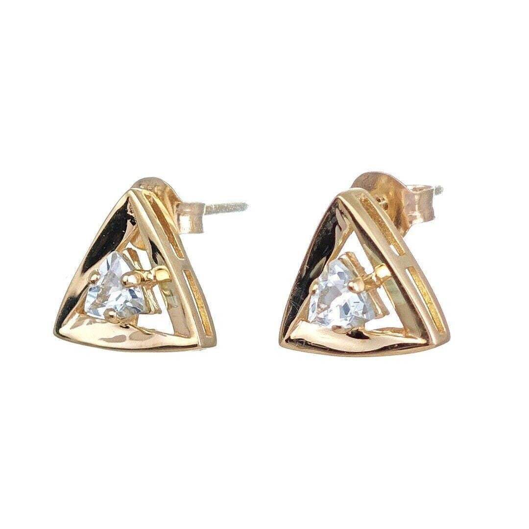 9ct Gold Aquamarine Earrings Natural Gemstone Blue Trillion Studs