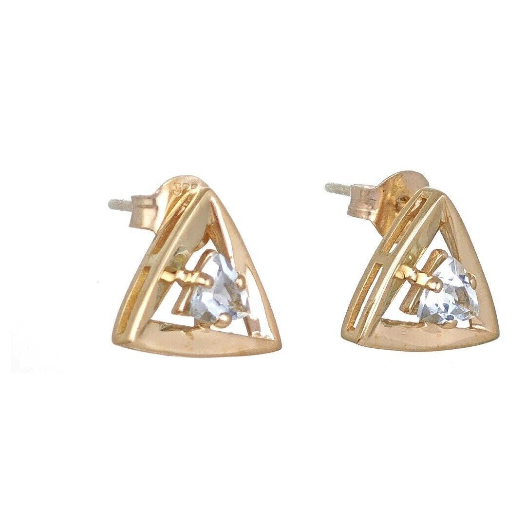 9ct Gold Aquamarine Earrings Natural Gemstone Blue Trillion Studs
