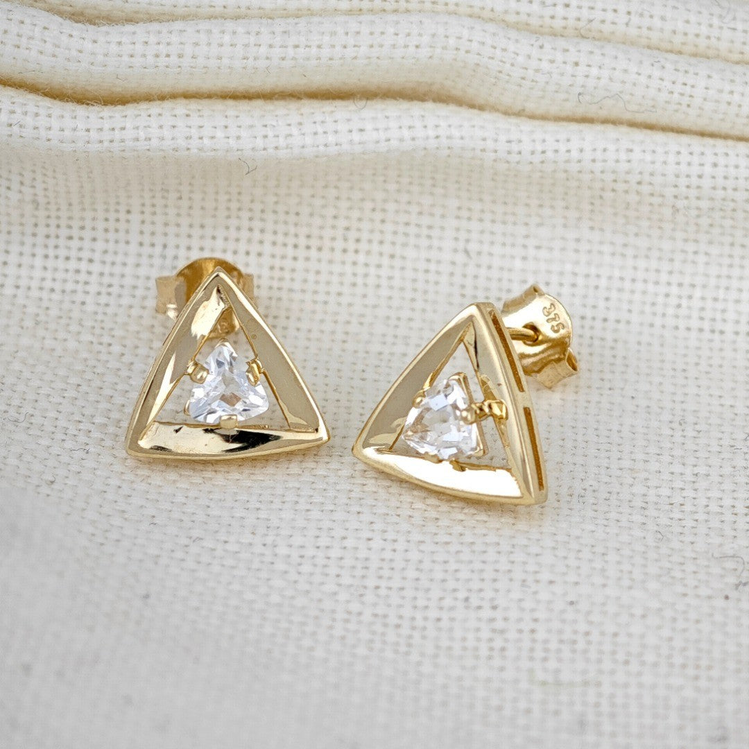 9ct Gold White Topaz Earrings Trillion Studs