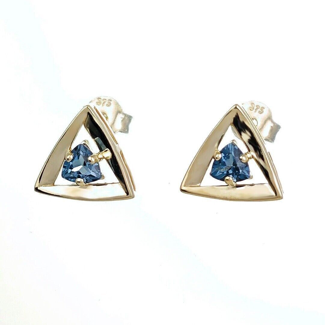 9ct Gold London Blue Topaz Trillion Earrings