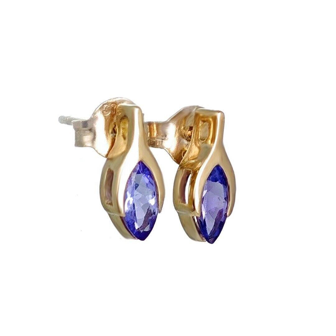 tanzanite earrings 9ct yellow gold studs minimalist marquise designed in the UK