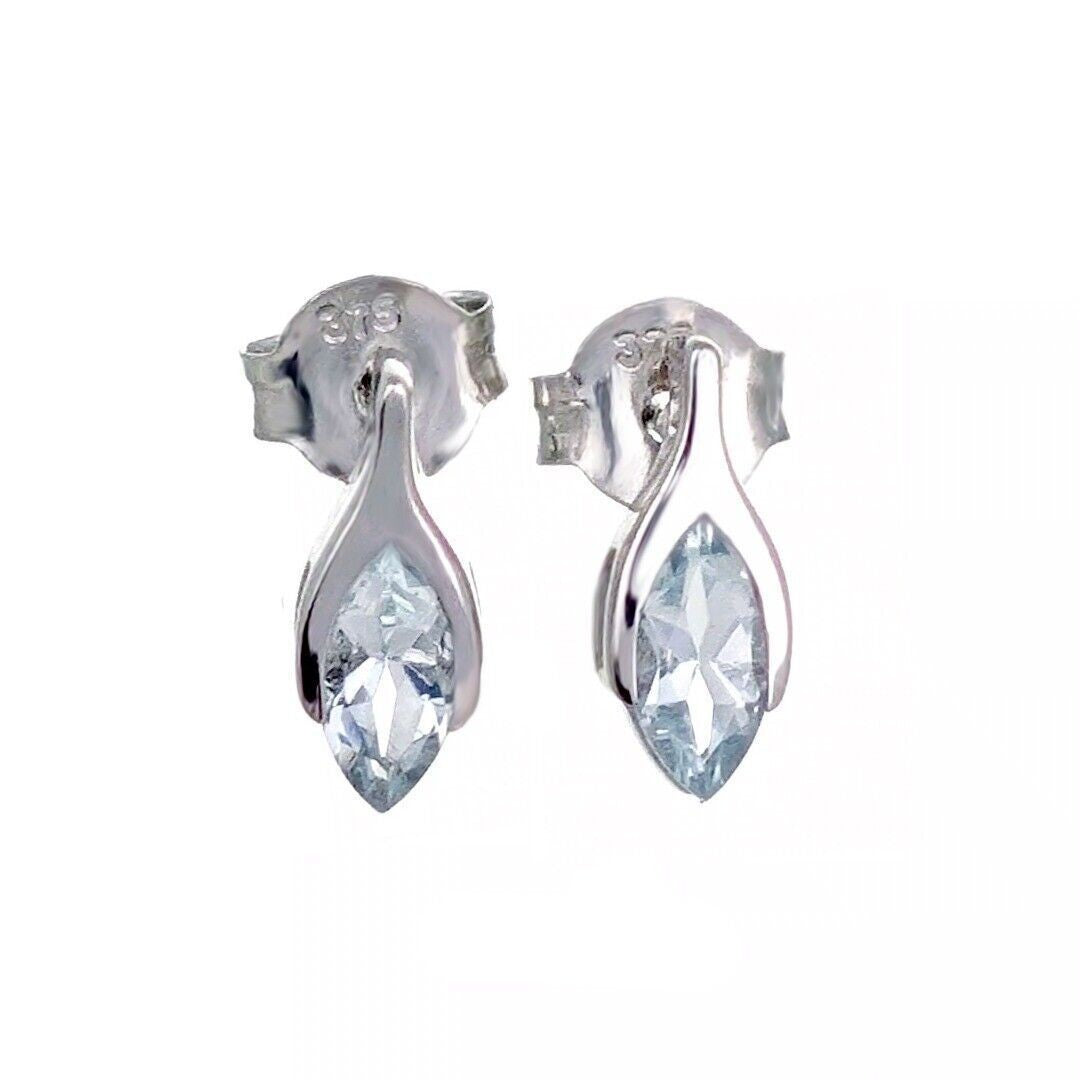 9ct white gold aquamarine earrings minimalist marquise studs designed in the UK