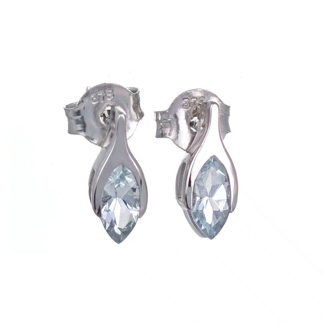 9ct White Gold Aquamarine Earrings Minimalist Marquise Studs