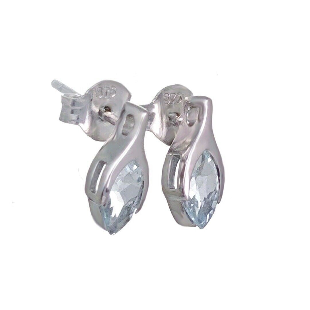 9ct White Gold Aquamarine Earrings Minimalist Marquise Studs