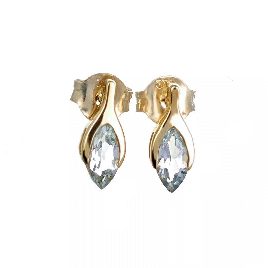 9ct Gold Aquamarine Earrings Minimalist Marquise Blue Gemstone Studs