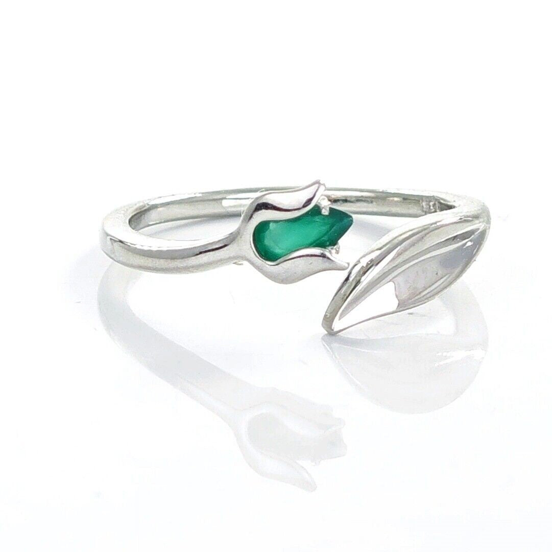 onyx ring sterling silver adjustable tulip flower green gemstone designed in the UK