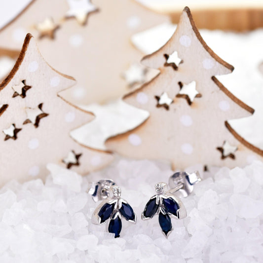Silver Diamond Earrings Stud Sapphire Ink Blue Marquise Leaf Womens