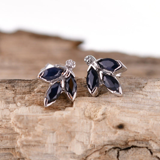 Silver Diamond Earrings Stud Sapphire Ink Blue Marquise Leaf Womens
