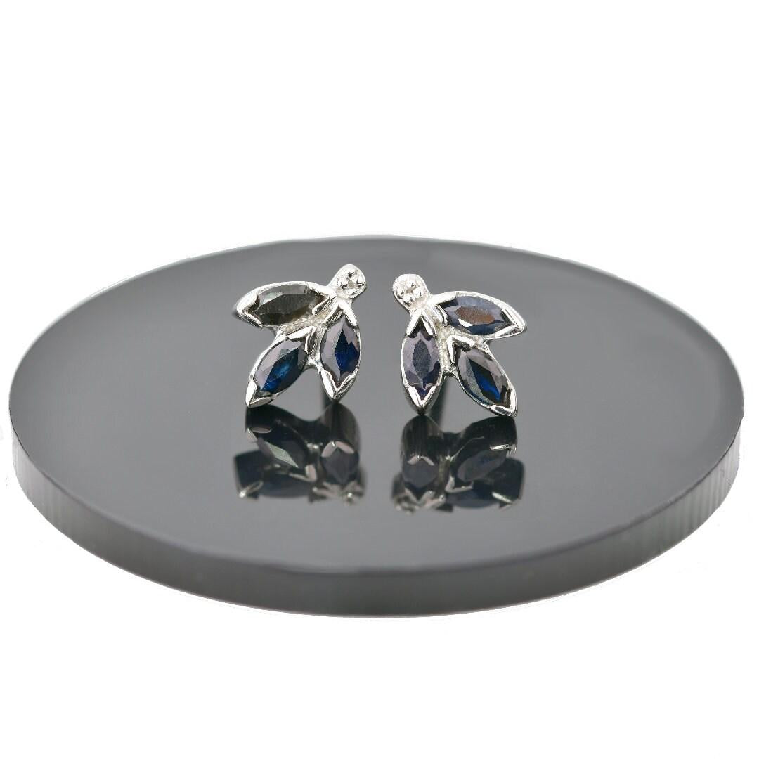 Silver Diamond Earrings Stud Sapphire Ink Blue Marquise Leaf Womens