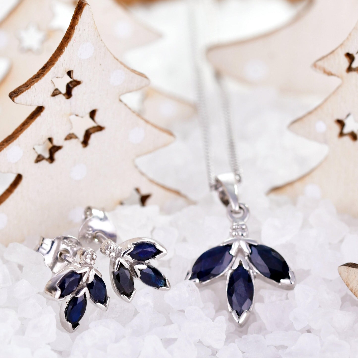 Silver Diamond Earrings Stud Sapphire Ink Blue Marquise Leaf Womens