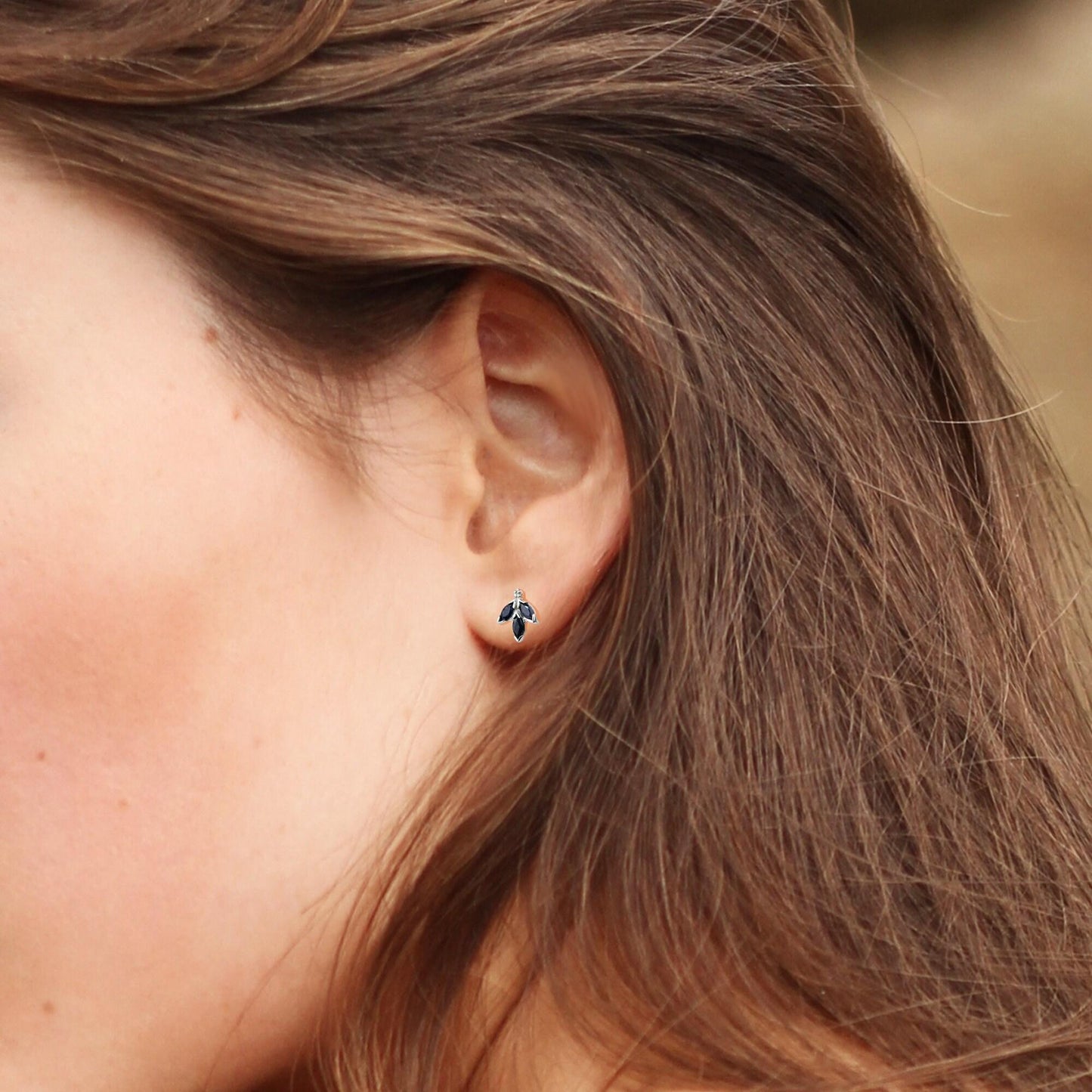 Silver Diamond Earrings Stud Sapphire Ink Blue Marquise Leaf Womens
