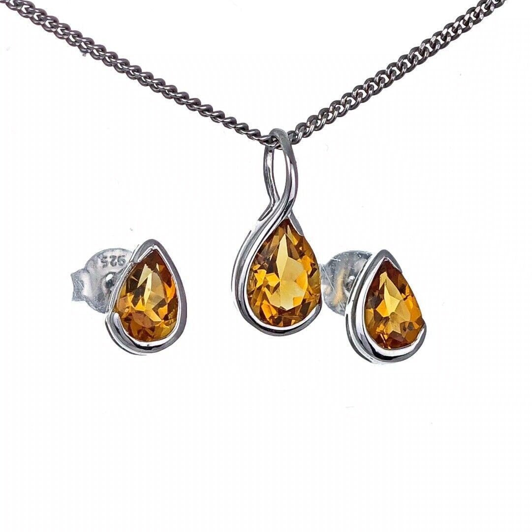 sterling silver citrine set infinity loop pendant stud earrings designed in the UK